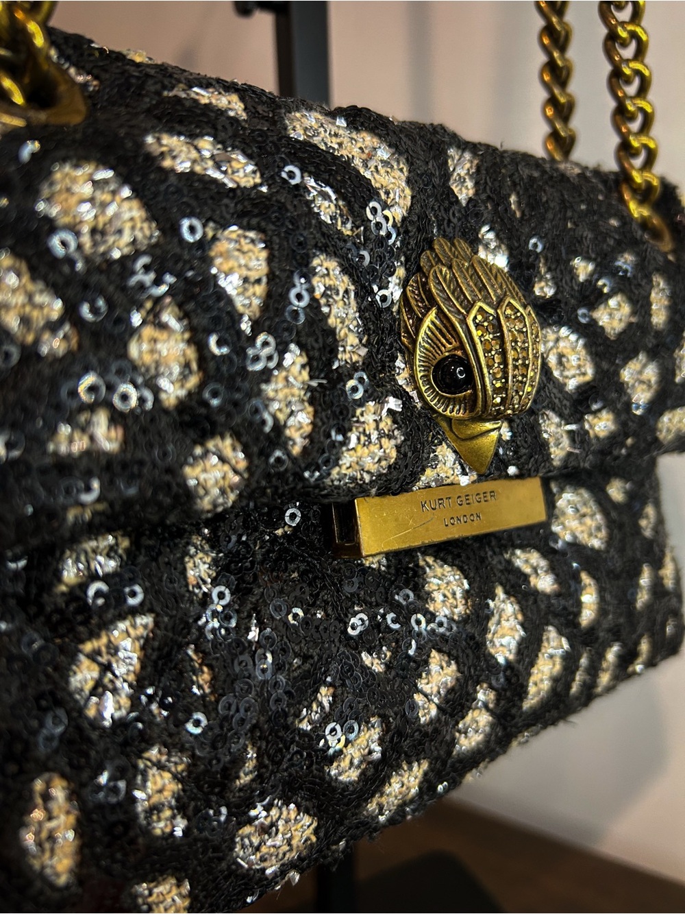 Kurt Geiger Mini Kensington Black Silver Sequin Leopard Crossbody Shoulder Bag - Picture 3 of 10